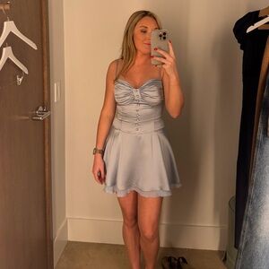 Reformation Light Blue Satin Strapless Mini Dress